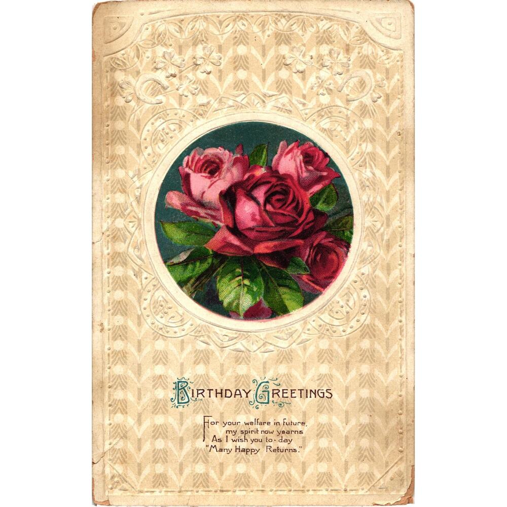 Floral Rose Birthday Greetings Postcard Embossed Unposted‎